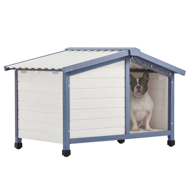 Spacious and weather-resistant PETSFIT Outdoor Dog House with a PVC roof, plastic door flap, and raised adjustable feet for all-weather protection.