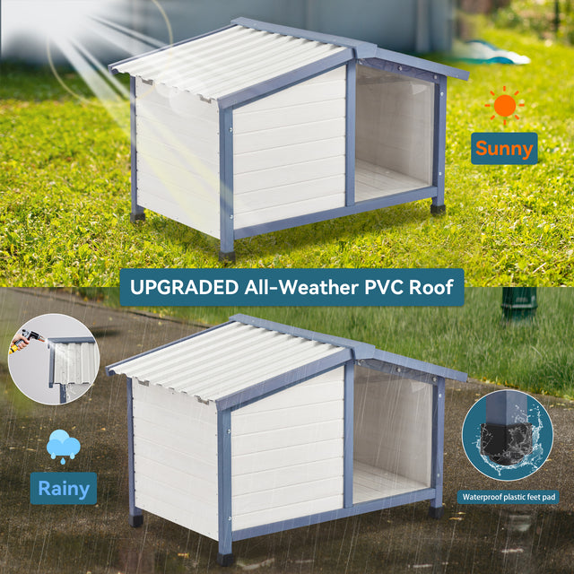 Spacious and weather-resistant PETSFIT Outdoor Dog House with a PVC roof, plastic door flap, and raised adjustable feet for all-weather protection.