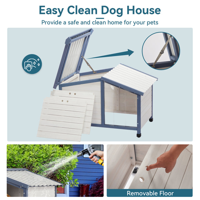 Spacious and weather-resistant PETSFIT Outdoor Dog House with a PVC roof, plastic door flap, and raised adjustable feet for all-weather protection.