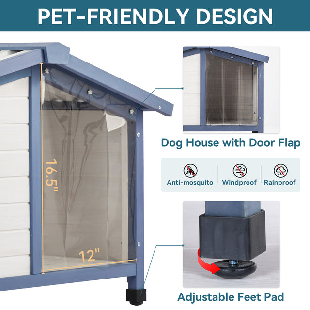 Spacious and weather-resistant PETSFIT Outdoor Dog House with a PVC roof, plastic door flap, and raised adjustable feet for all-weather protection.