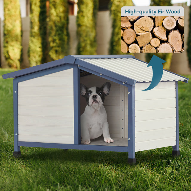 Spacious and weather-resistant PETSFIT Outdoor Dog House with a PVC roof, plastic door flap, and raised adjustable feet for all-weather protection.