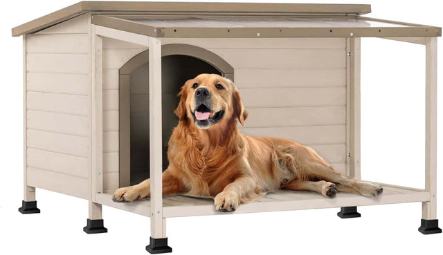 PETSFIT Luxury Outdoor Dog House For Large With Extra-Large Porch Cabin Style - Pet Supplies