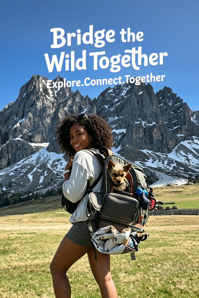 Vertical banner of a hiker with a terrier riding in a grey pet backpack, snowy alpine ridge and blue sky behind her