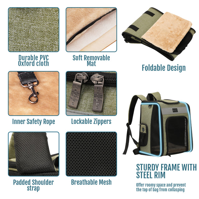 Close-up of the scratch-resistant 600D Oxford cloth material on the green Petsfit pet carrier backpack