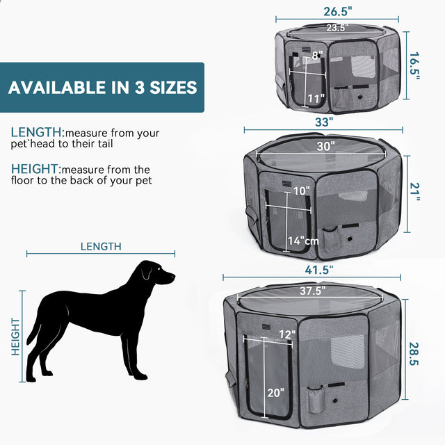 Size chart shows three gray playpen options with diameter and height measurements, plus guidance for measuring pet length and height.