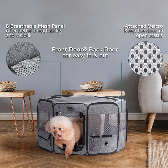 Small poodle steps out of gray mesh playpen in a living room, showing front and back doors, breathable panels, and Velcro door hold.