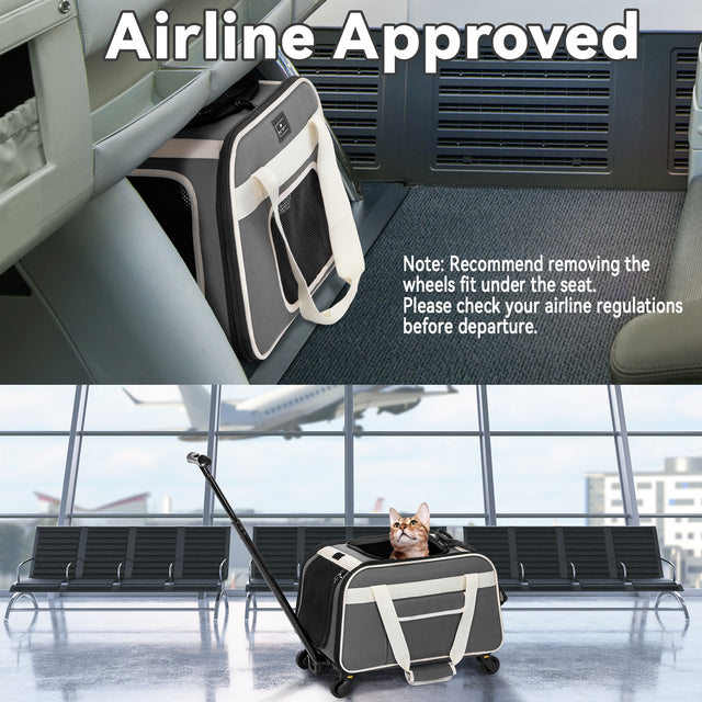 Rolling pet carrier placed under an airplane seat and at an airport gate, showing travel-ready design for flight days.