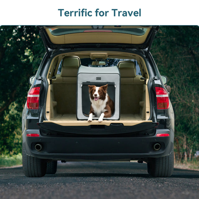 Brown and white dog rides in a travel dog crate placed in an SUV trunk, showing stable fit and easy road trip use.