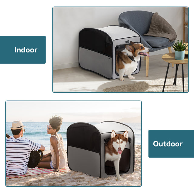 Pop-up dog crate used indoors beside a chair and outdoors on sand, showing a cozy den setup for home and beach days.