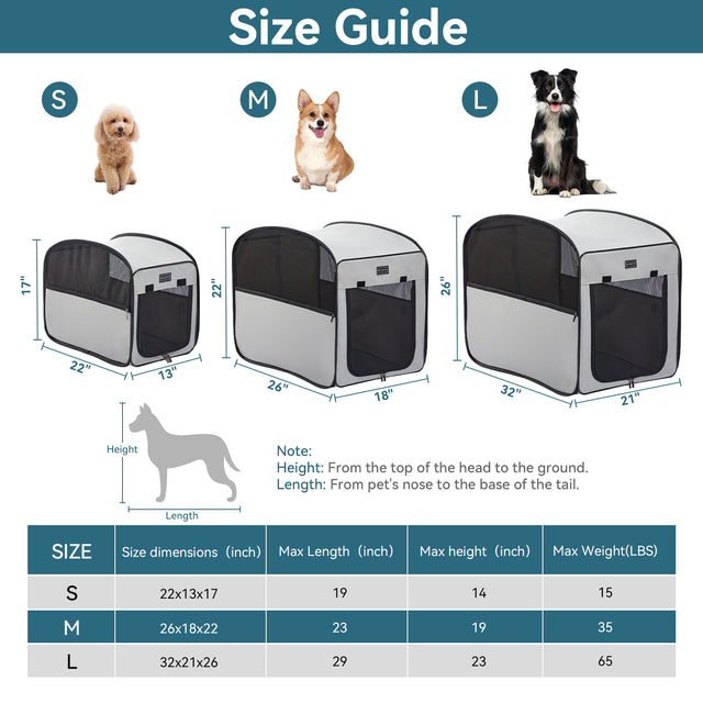 Size chart shows S, M, and L travel dog crate dimensions, with sample breeds and max length, height, and weight guidance.