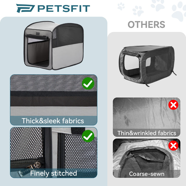 Comparison graphic highlights thick fabric and fine stitching on this pop-up dog crate versus thinner wrinkled alternatives.