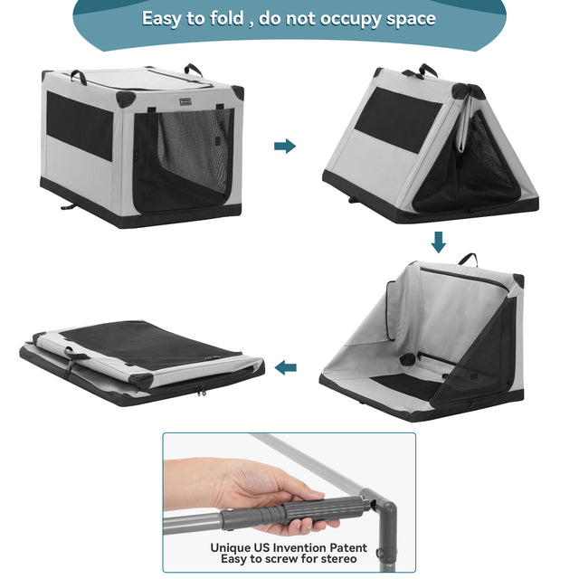 Step-by-step diagram shows collapsible dog crate setup and fold-down process with quick-connect frame for compact storage.