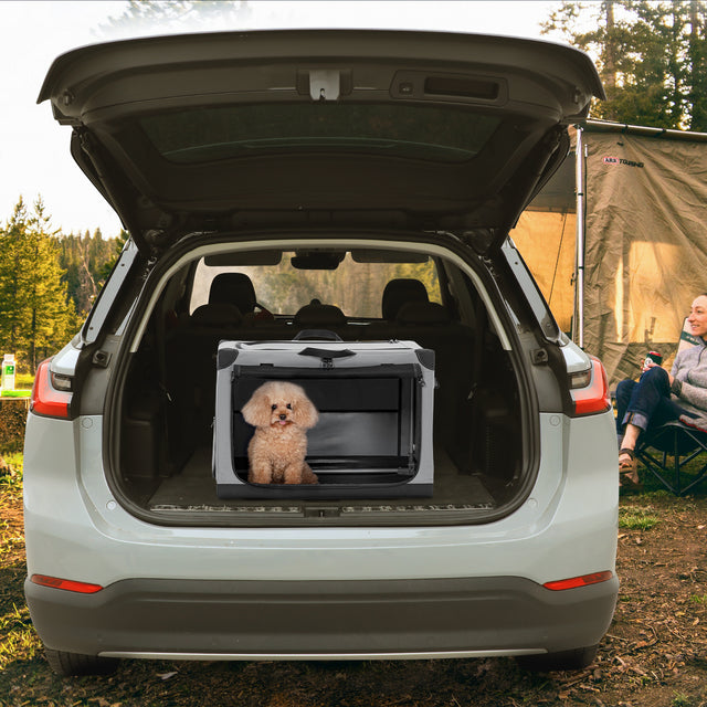 Small poodle sits in a travel dog crate secured in an SUV cargo area at a campsite, ready for safe outdoor adventures.