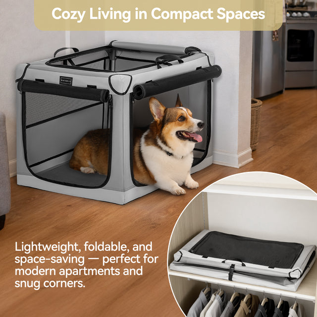 Corgi lounges in an open collapsible dog crate in a small apartment corner, with folded storage view shown in closet inset.