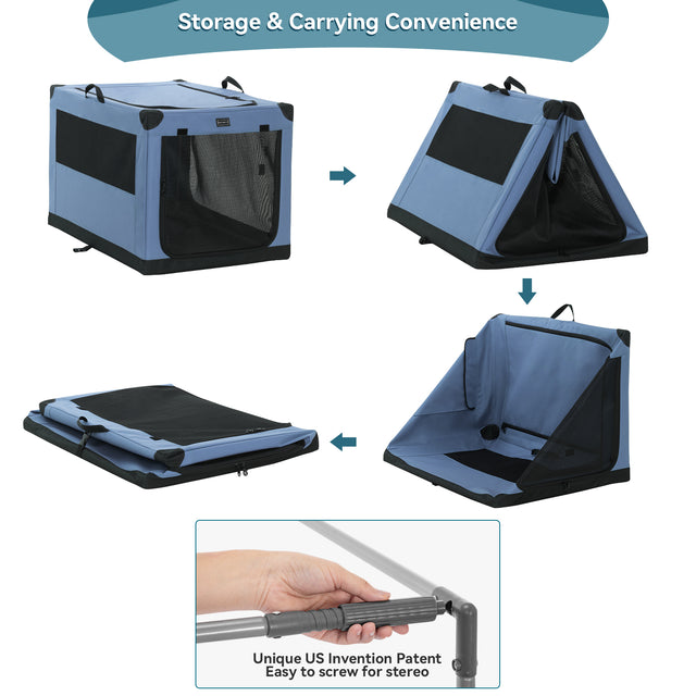 Step-by-step folding sequence shows the collapsible dog crate packing flat, with easy screw-lock frame setup for quick storage.