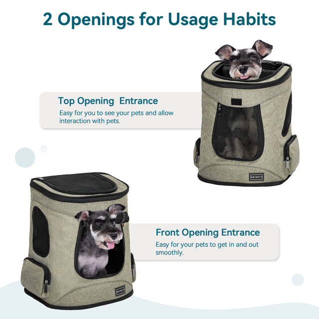 Two usage views show a dog in the front opening and top opening, demonstrating flexible access and easy interaction.