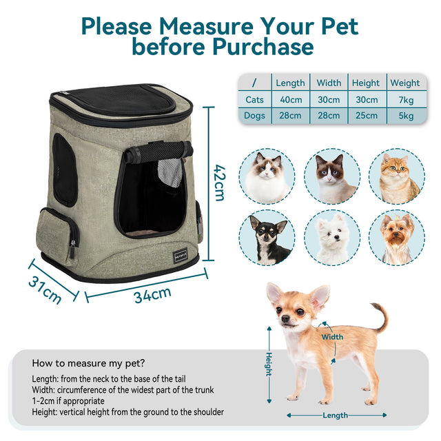 Size guide graphic shows pet backpack dimensions, cat and dog fit examples, and a diagram for measuring length, width, and height.