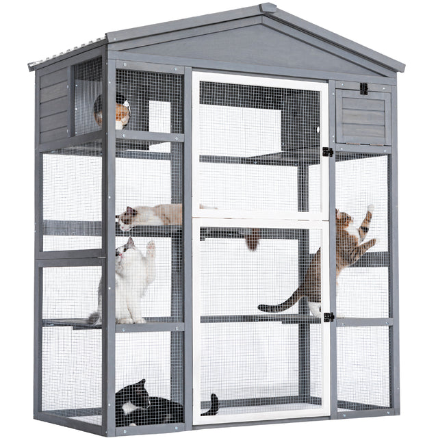 Angled view of a roomy catio with wire mesh, two-level platforms, and playful cats climbing, stretching, and relaxing inside.