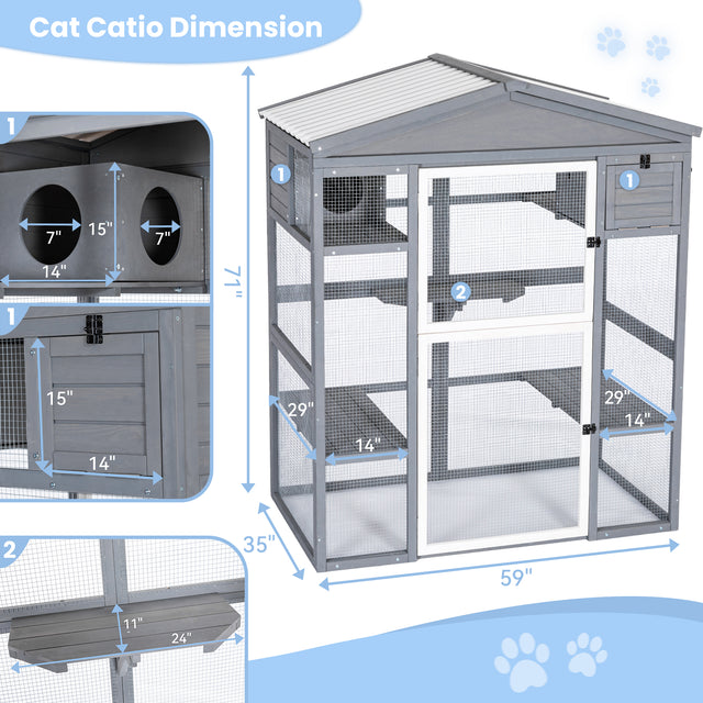 Dimension chart for a gray outdoor cat house showing 59 x 35 x 71 inches, with callouts for shelves, condo cubbies, and doors.
