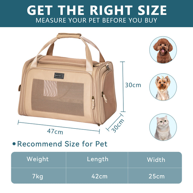Beige cat carrier size guide showing 47 x 30 x 30 cm dimensions and recommended fit for small dogs and cats up to 7 kg.