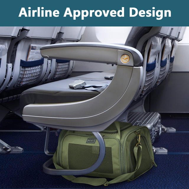 Airline cabin scene with green pet carrier placed beneath seat, demonstrating under-seat fit for air travel with small pets.