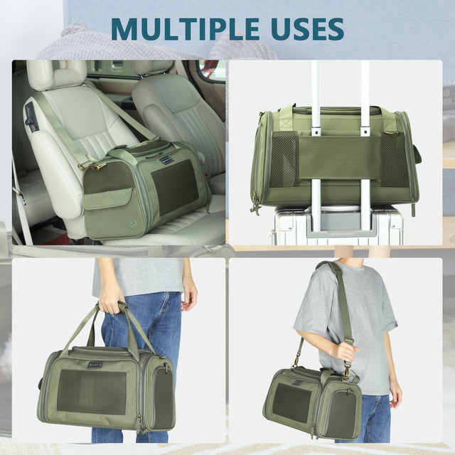 Collage shows pet carrier use in car seat, on luggage handle, hand-carry, and shoulder-carry for flexible travel options.
