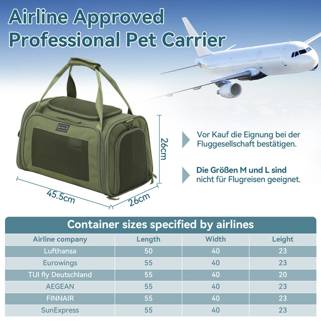 Green airline-ready pet carrier with mesh panels and listed dimensions, shown beside airplane graphic and cabin size chart.