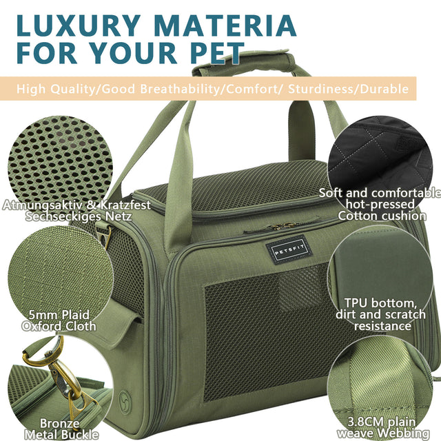 Close-up layout of green pet carrier materials, highlighting breathable mesh, oxford fabric, soft cushion, webbing, and metal buckle.