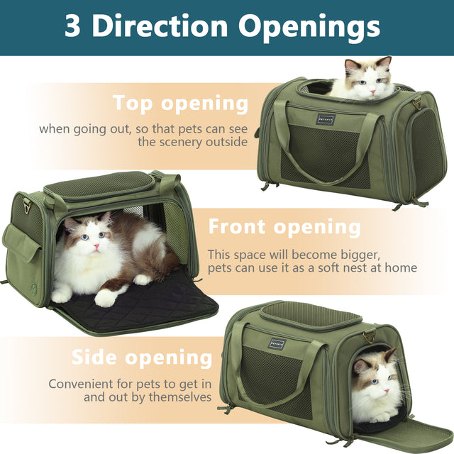 Green cat carrier with three entry options—top, front, and side openings—shown with cats resting and peeking out comfortably.
