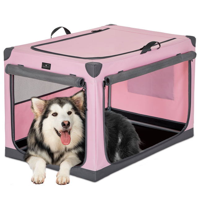 Petsfit portable travel pet bed in pink and gray, shown folded with carrying handle for easy transport