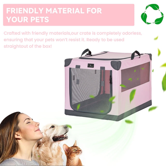 Petsfit portable travel pet bed in pink and gray, shown folded with carrying handle for easy transport