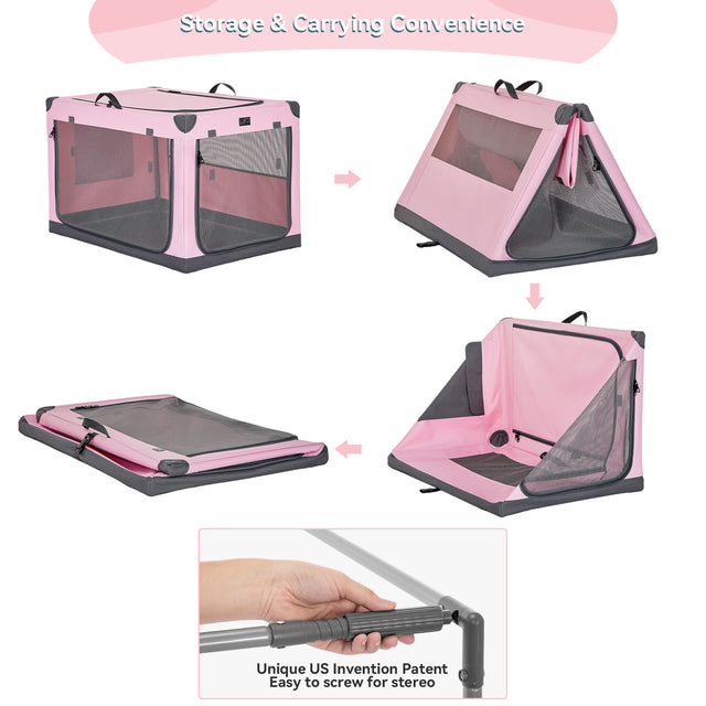 Petsfit portable travel pet bed in pink and gray, shown folded with carrying handle for easy transport