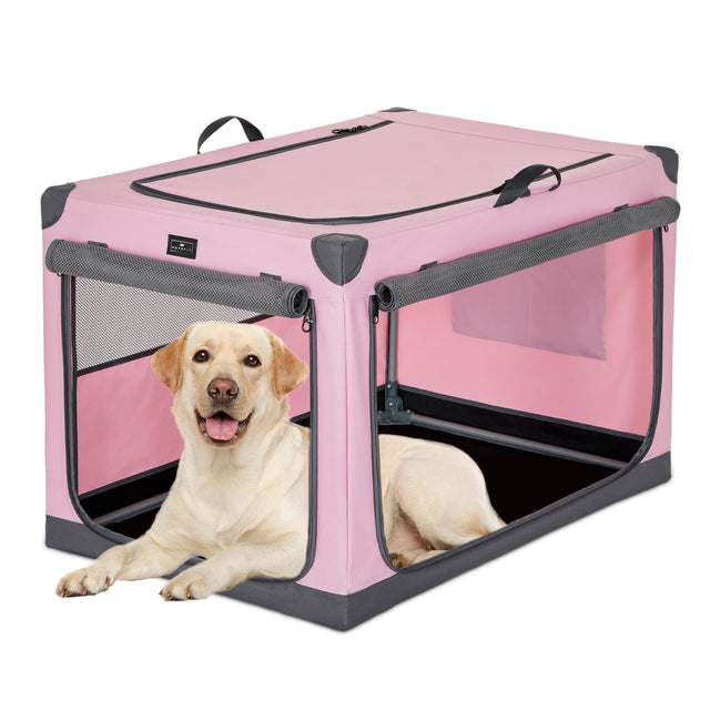 Petsfit portable travel pet bed in pink and gray, shown folded with carrying handle for easy transport