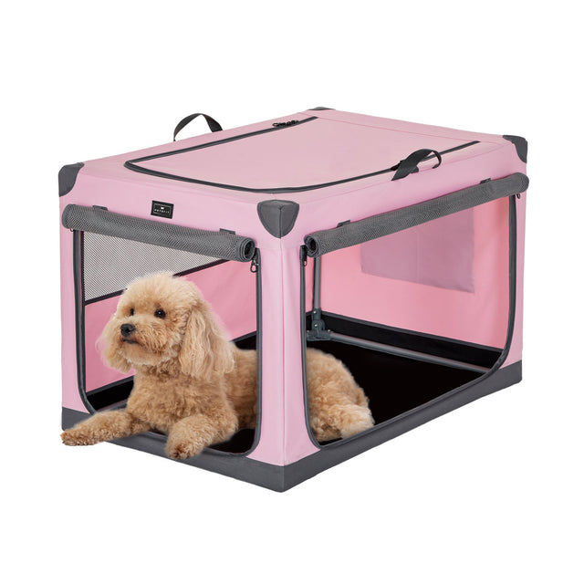 Petsfit portable travel pet bed in pink and gray, shown folded with carrying handle for easy transport