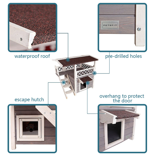 Feature callouts highlight the waterproof roof, pre-drilled holes, escape hatch, and protective awning on the wooden cat house.