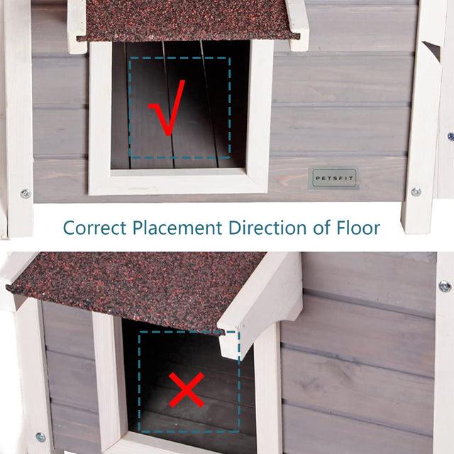 Assembly detail shows correct floor panel direction at the doorway for proper fit and stable use inside the cat shelter base.