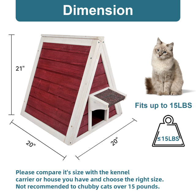 Dimension guide shows this wooden cat house at 20 x 20 x 21 inches, sized for cats up to 15 pounds with compact footprint.