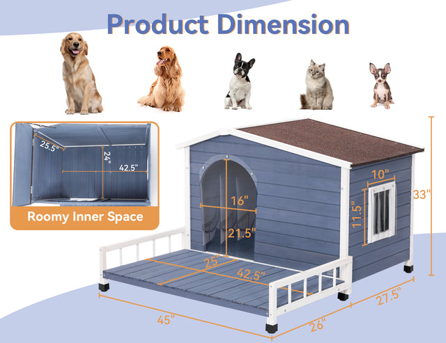 Product dimension chart highlights roomy interior, porch depth, door height, and side window sizing for this wooden dog house.