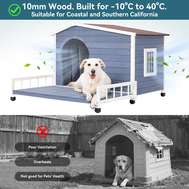 Ventilated wooden dog house comparison shows airflow and sturdy 10mm panels, contrasted against an overheated plastic kennel.