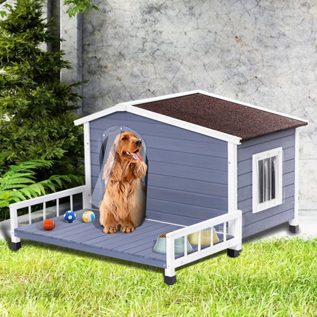 Spaniel sits at the doorway of a blue weatherproof dog house on grass, with bowls and toys arranged along the porch.
