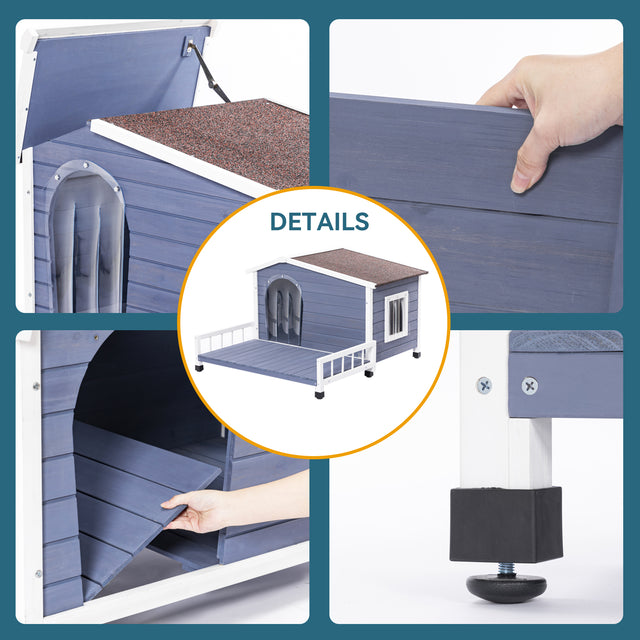 Detail collage shows opening roof, thick wood panels, removable floor, and adjustable feet on a raised weatherproof dog house.
