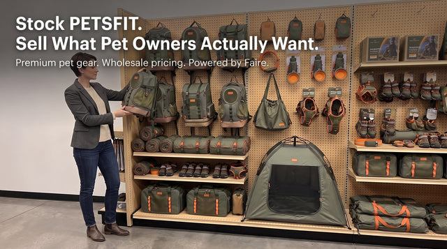 Stock PETSFIT. Sell What Pet Owners Actually Want. — Professional store buyer examining PETSFIT WILDPATH pet gear on retail shelf display, wholesale program banner
