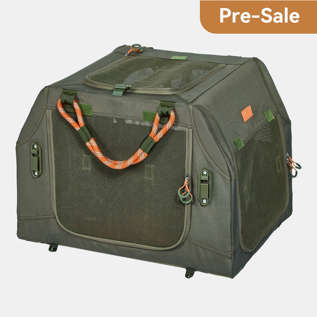 PETSFIT WILDPATH angled soft travel dog crate secured in car rear seat with patented seat belt safety buckle, army green color, pre-sale product image