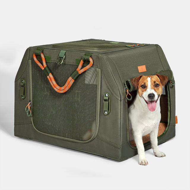 Army green soft dog crate on white background, mesh side panel and orange rope handles, small terrier stepping out the side door
