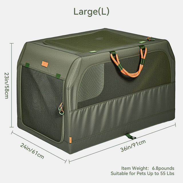 Beagle dog sleeping comfortably inside open PETSFIT WILDPATH soft travel crate placed in car back seat cargo area with fleece mat and full interior space visible