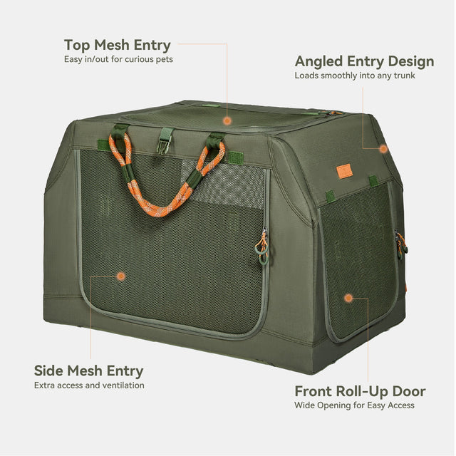 PETSFIT WILDPATH soft travel dog crate feature callout showing top mesh entry for easy pet access, angled entry design for trunk loading, side mesh entry for ventilation, and front roll-up door for wide opening