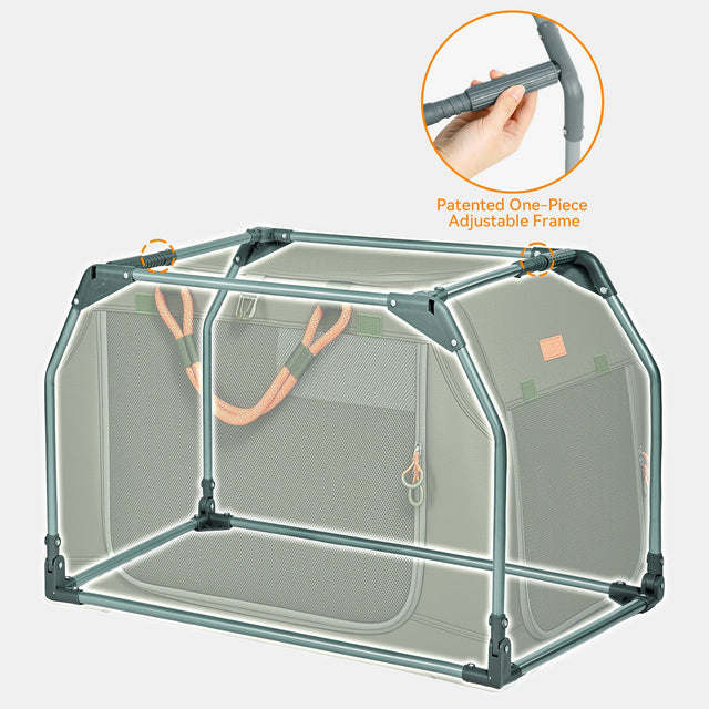 PETSFIT WILDPATH soft dog crate x-ray view revealing patented one-piece adjustable stainless steel frame with orange-highlighted twist-lock connection points