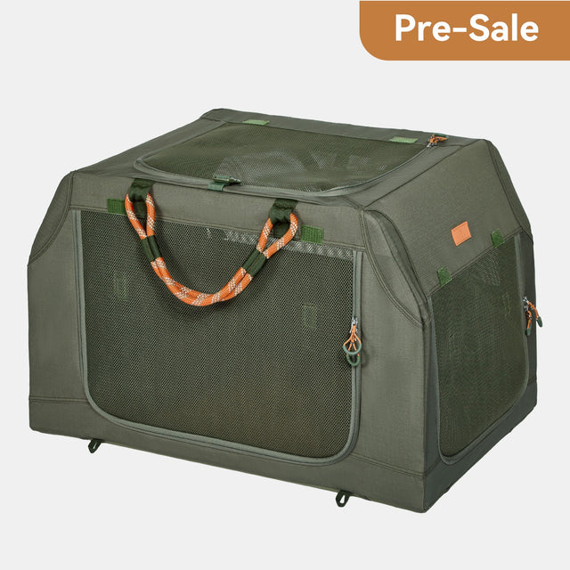PETSFIT WILDPATH angled soft travel dog crate presale front and side view showing army green fabric, orange rope handles, green D-ring zippers, and angled roofline