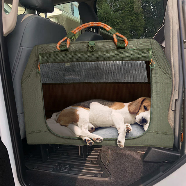 PETSFIT WILDPATH Large soft travel dog crate size chart showing 36x24x23 inch dimensions, 6.8 lbs weight, suitable for pets up to 55 lbs, army green color