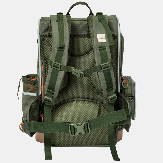 Pet backpack rear view with mesh back panel, padded straps, chest buckle, and wide waist belt.